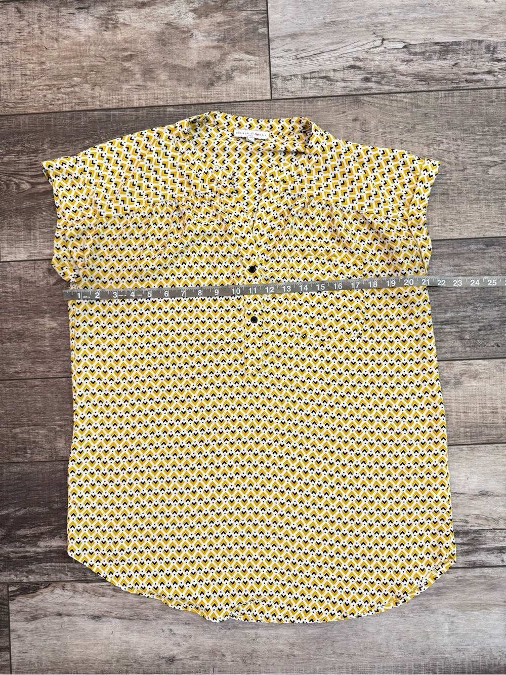 Anthropologie Maison D' Amelie Yellow Geometric Cap-Sleeve Blouse Sz M - Picture 5 of 6